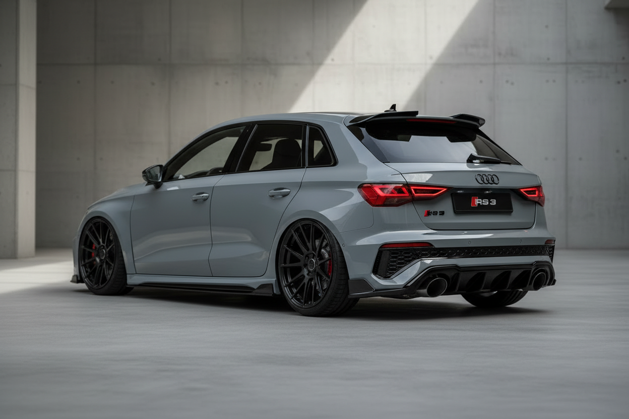 Audi RS3 8Y Heckansicht in Nardograu