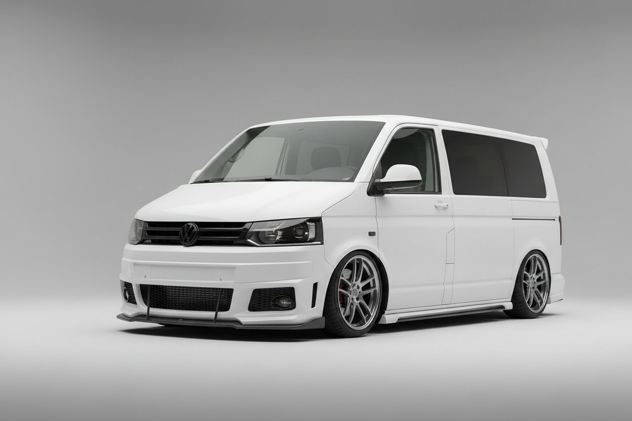 Getunter VW T5 in Weiß mit schwarzem Emblem