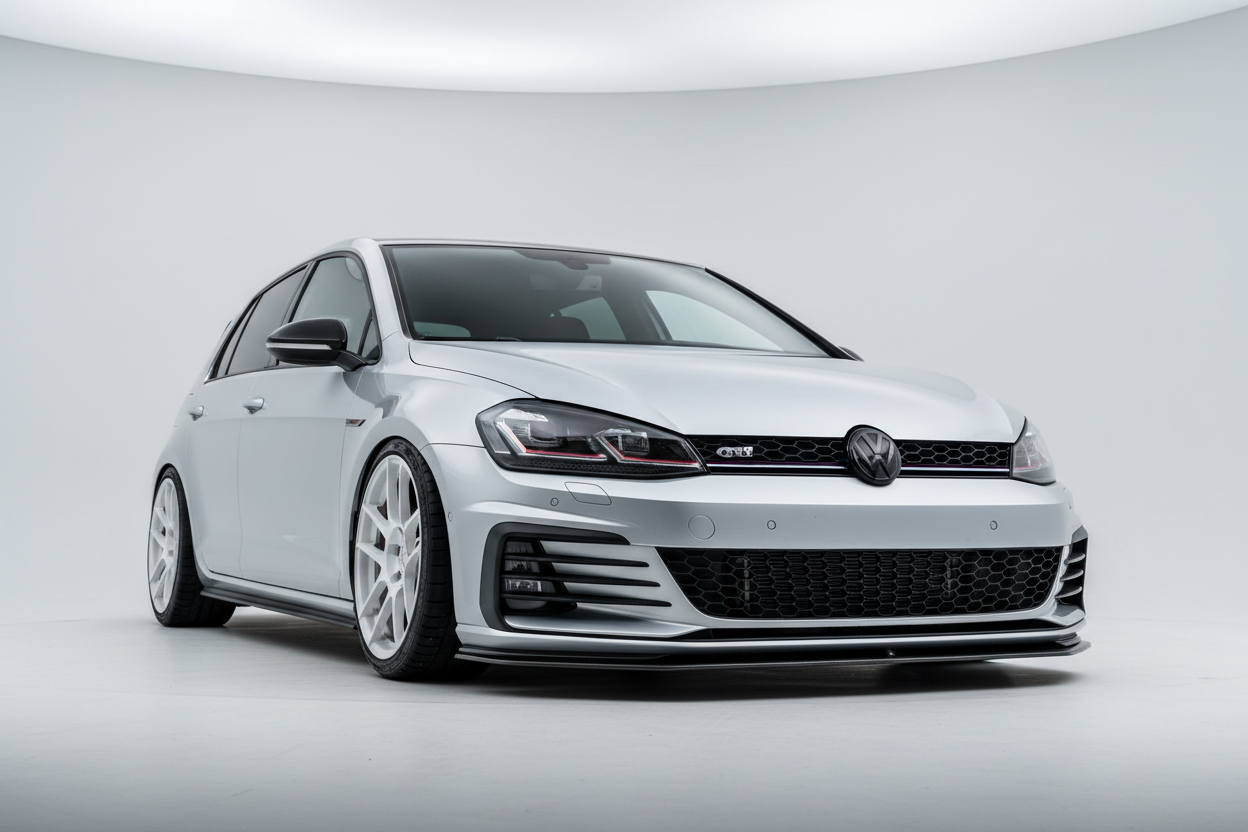 Silberner VW Golf 7 GTI mit schwarzem Emblem und weißen Felgen
