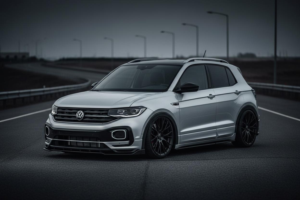 Tiefergelegter VW T-Cross hell mit aggressiver schwarzer Front