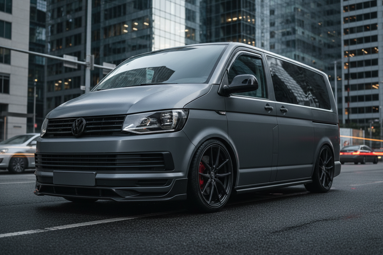 Getunter grauer VW T6 mit schwarzem Emblem